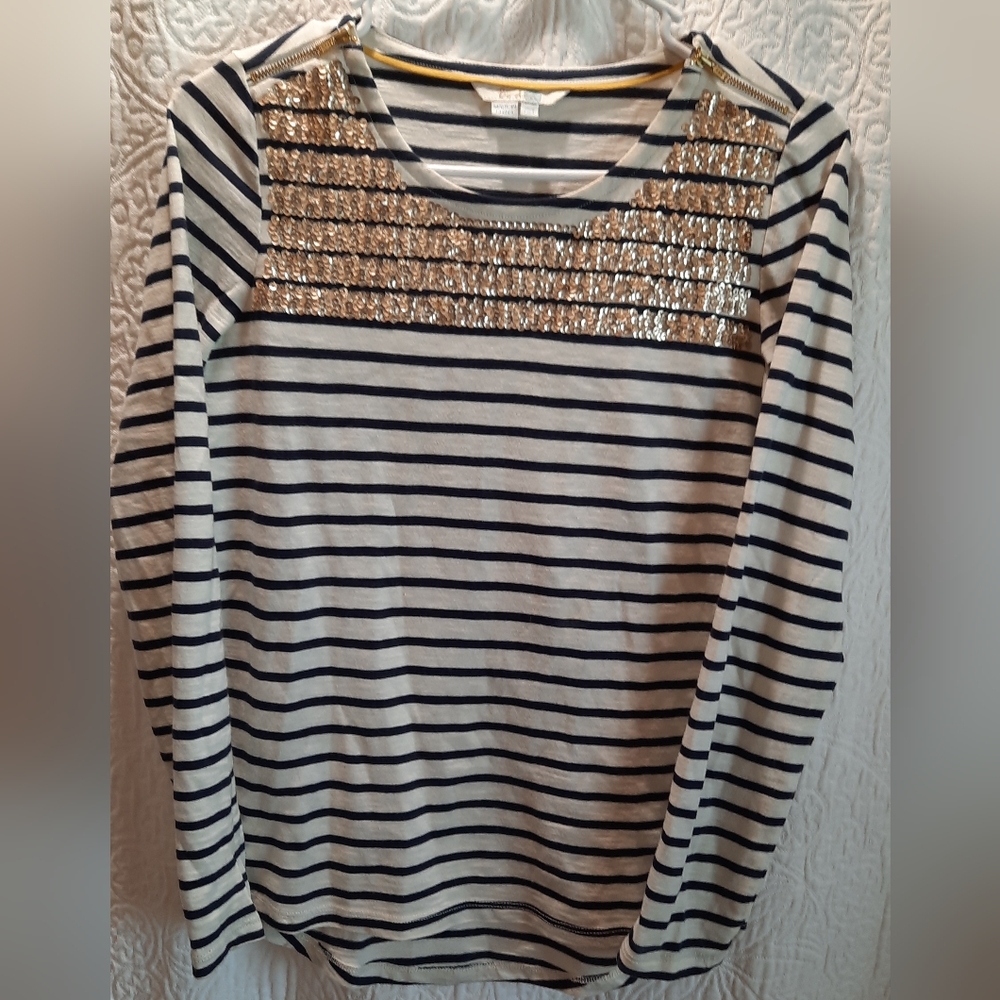 Boden Blouse Womans 4 Black White Stripes Sequin Zipper Classic Casual Party